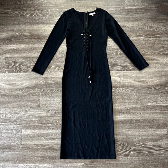 NWOT Silvian Heach TELAH Black Lace-Up Midi Dress Sz XL Long Sleeve Ribbed Knit - Picture 3 of 16